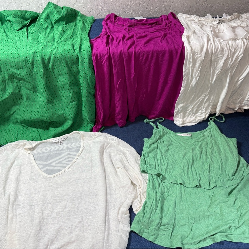 CAbi Women's Top set of 5 in Green, Purple, and White size small